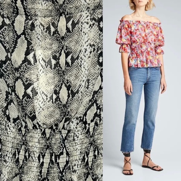 NWT L’AGENCE 70s Off Shoulder Snake Print Smock Waist Ruffle Trim Chiffon Top XS - Picture 9 of 9